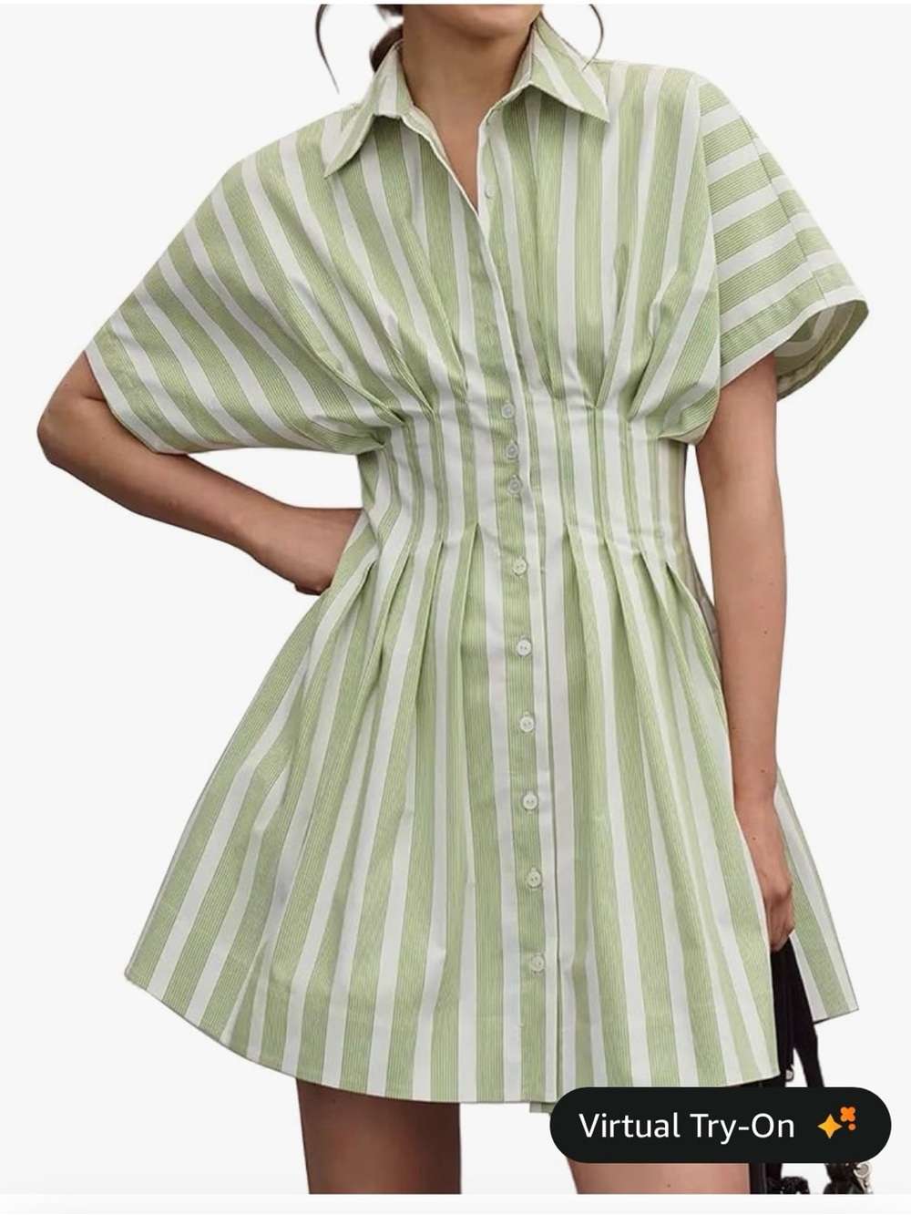 Green & White Striped Button-Front Fit-and-Flare Dress